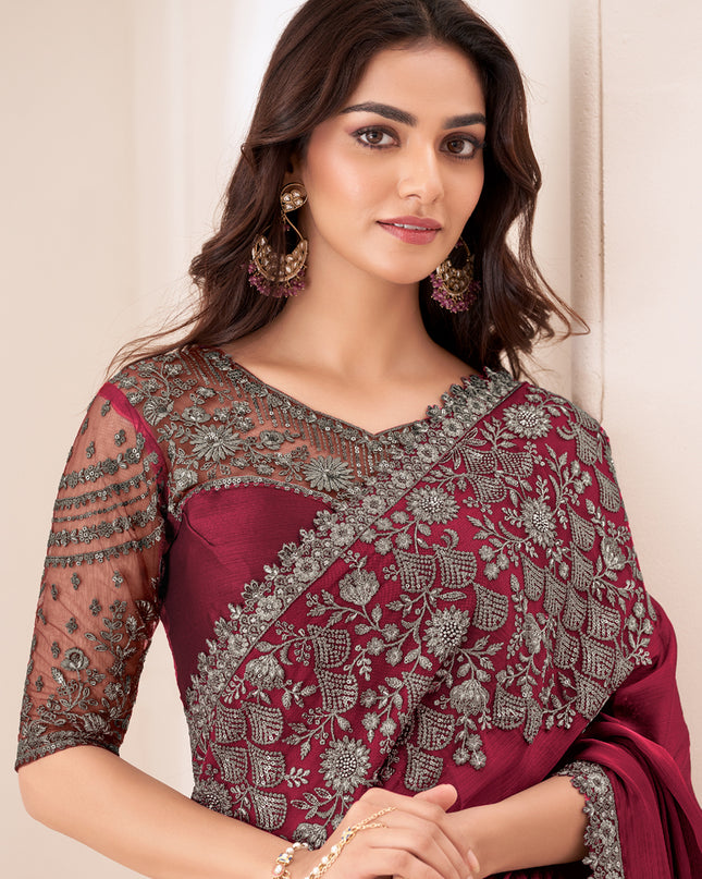 Unique Maroon Satin Chiffon Embroidered Designer Saree