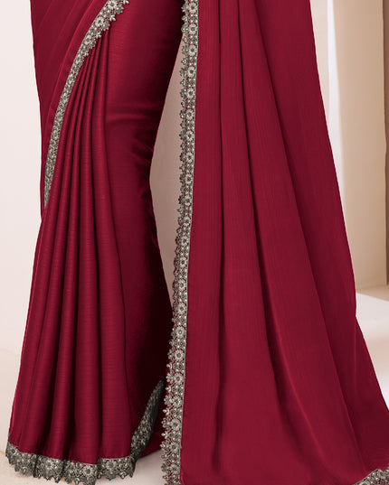 Unique Maroon Satin Chiffon Embroidered Designer Saree