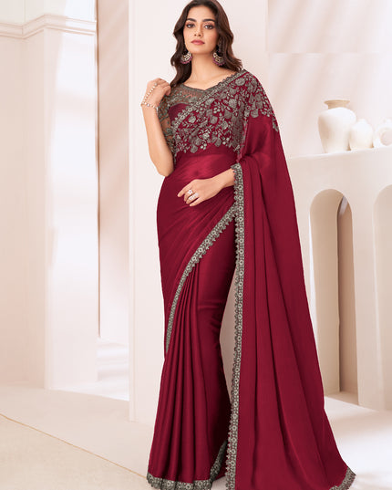 Unique Maroon Satin Chiffon Embroidered Designer Saree