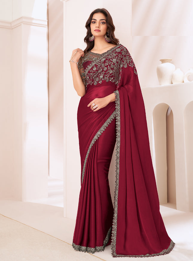 Unique Maroon Satin Chiffon Embroidered Designer Saree