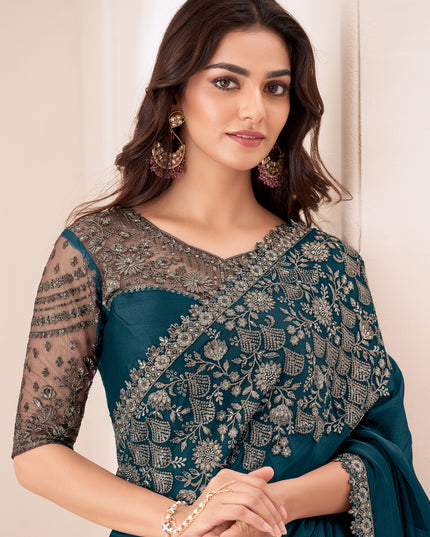 Incredible Peacock Blue Satin Chiffon Embroidered Designer Saree