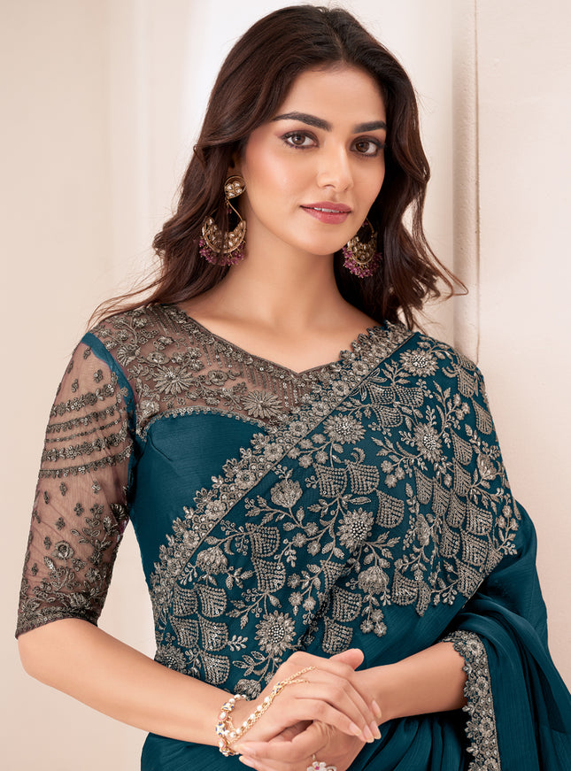 Incredible Peacock Blue Satin Chiffon Embroidered Designer Saree