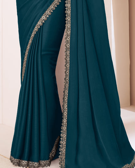 Incredible Peacock Blue Satin Chiffon Embroidered Designer Saree
