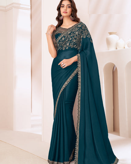 Incredible Peacock Blue Satin Chiffon Embroidered Designer Saree