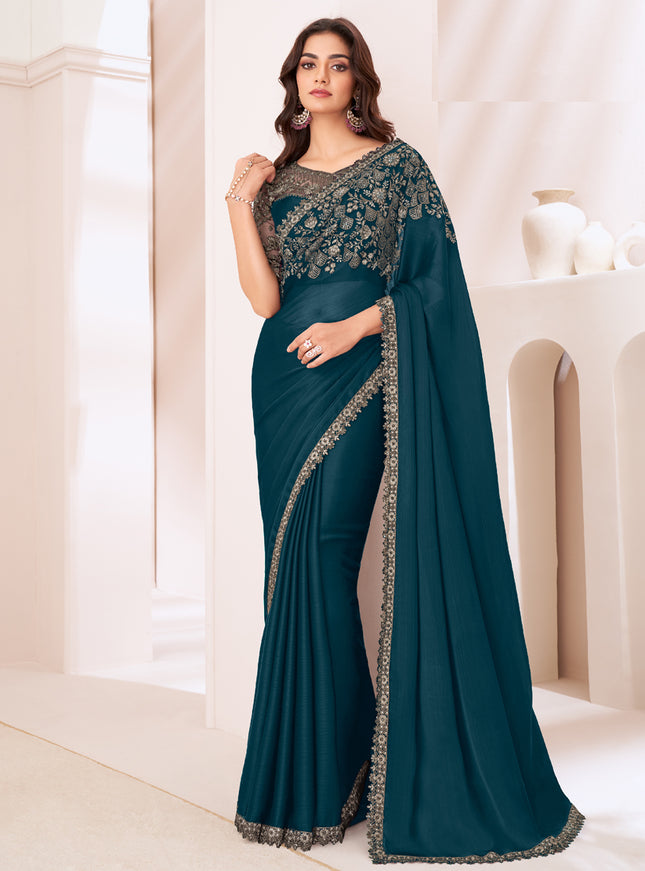 Incredible Peacock Blue Satin Chiffon Embroidered Designer Saree