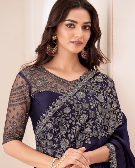 Spectacular Aubergine Satin Chiffon Embroidered Designer Saree