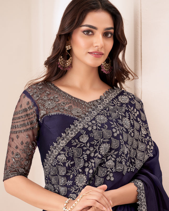 Spectacular Aubergine Satin Chiffon Embroidered Designer Saree