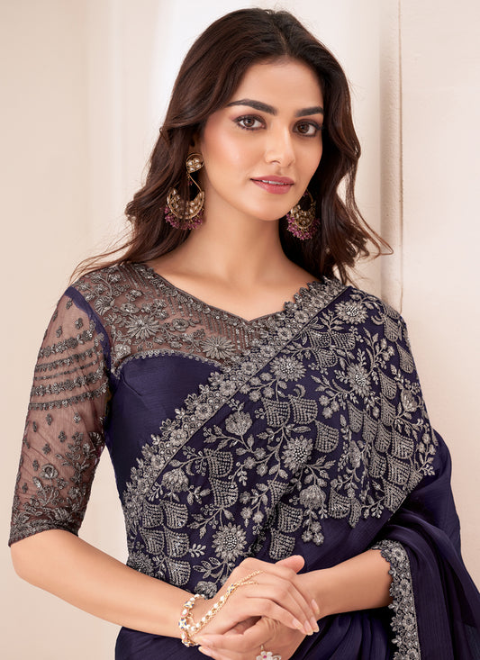 Spectacular Aubergine Satin Chiffon Embroidered Designer Saree