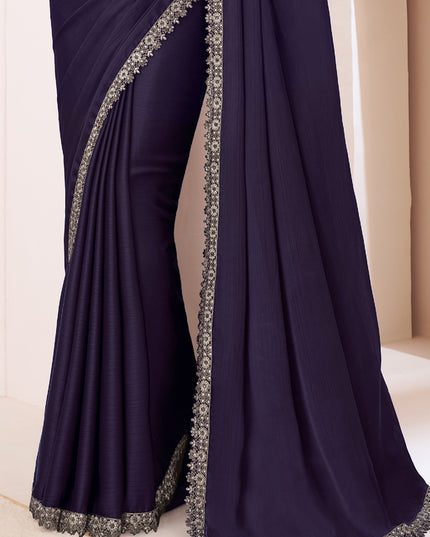 Spectacular Aubergine Satin Chiffon Embroidered Designer Saree