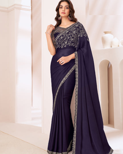 Spectacular Aubergine Satin Chiffon Embroidered Designer Saree