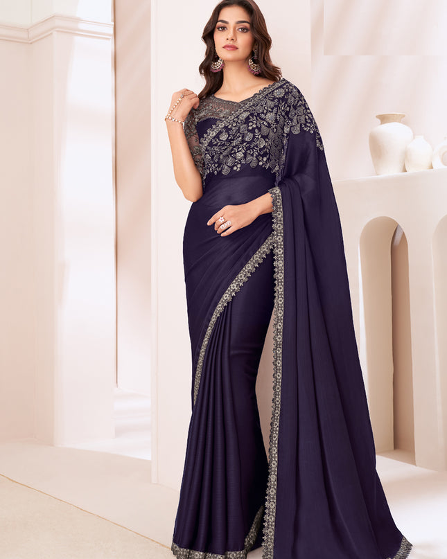 Spectacular Aubergine Satin Chiffon Embroidered Designer Saree