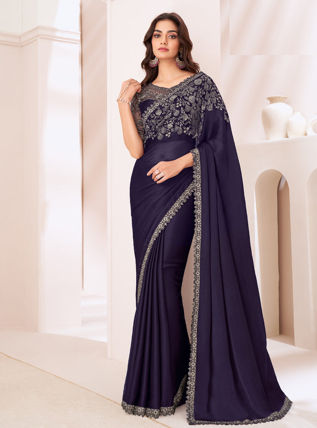Spectacular Aubergine Satin Chiffon Embroidered Designer Saree