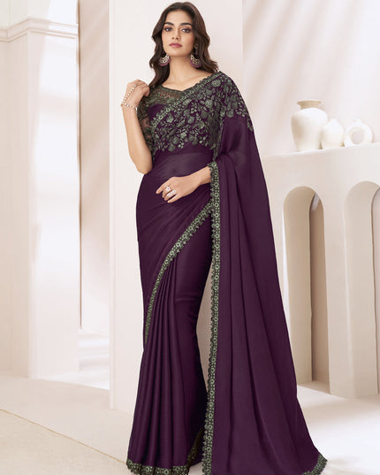 Burgundy Embroidered Saree with Designer Blouse