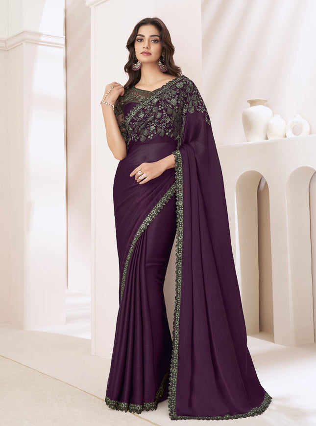 Burgundy Embroidered Saree with Designer Blouse