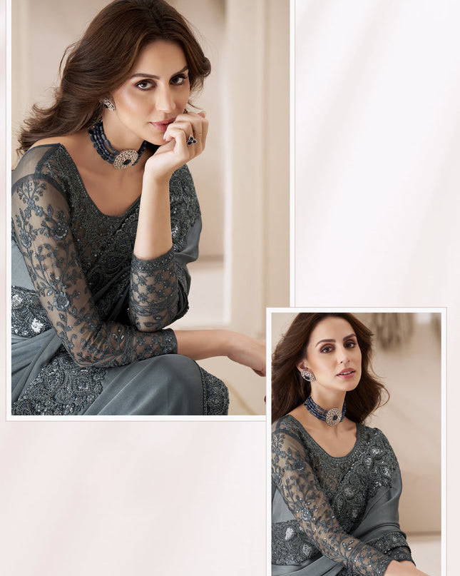 Stone Grey Embroidered Saree with Designer Blouse