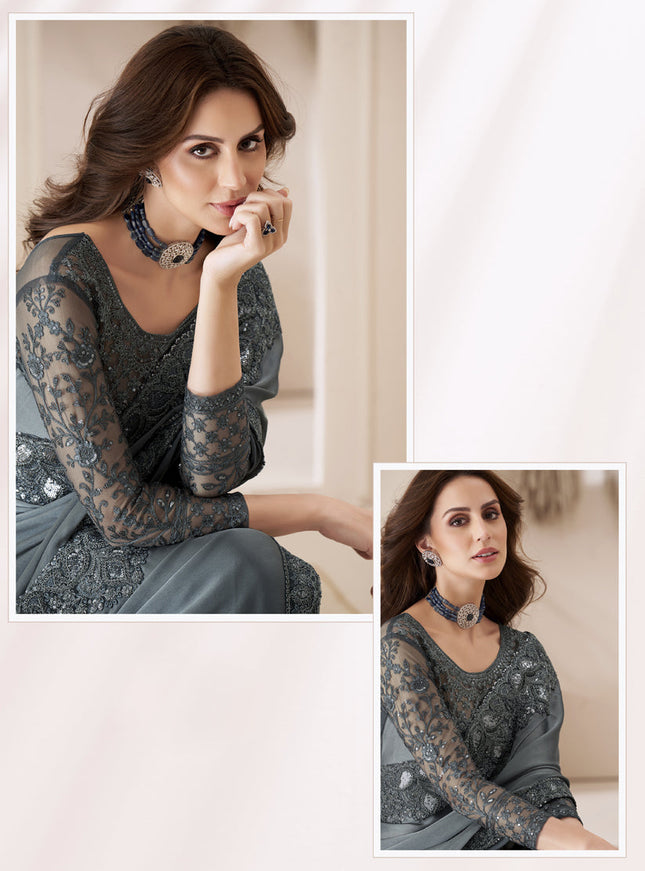 Stone Grey Embroidered Saree with Designer Blouse