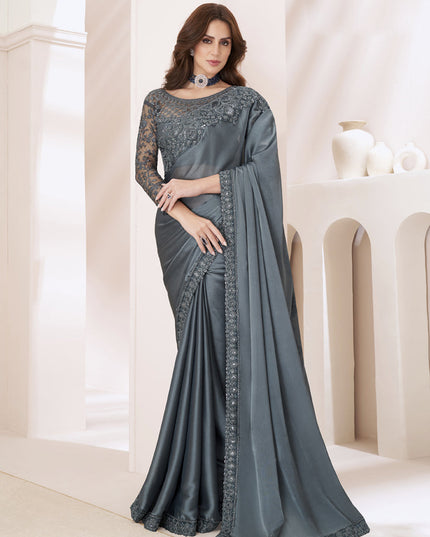 Stone Grey Embroidered Saree with Designer Blouse