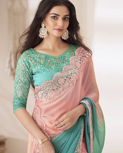 Coral Pink Embroidered Saree with Designer Blouse