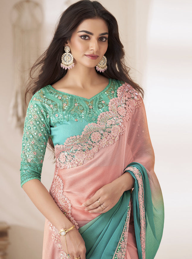Coral Pink Embroidered Saree with Designer Blouse