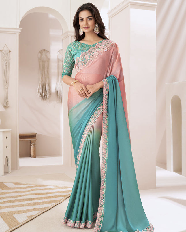 Coral Pink Embroidered Saree with Designer Blouse