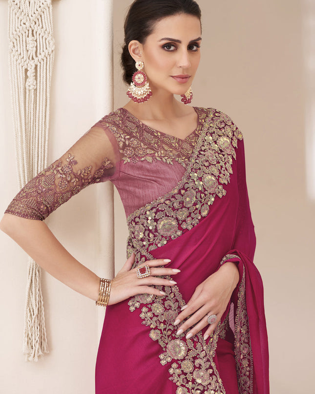 Rani Pink Embroidered Saree with Designer Blouse