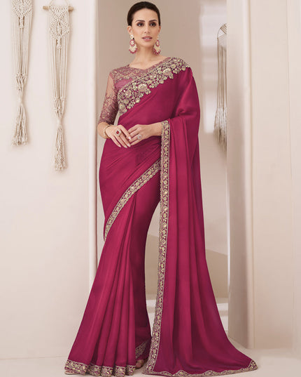 Rani Pink Embroidered Saree with Designer Blouse