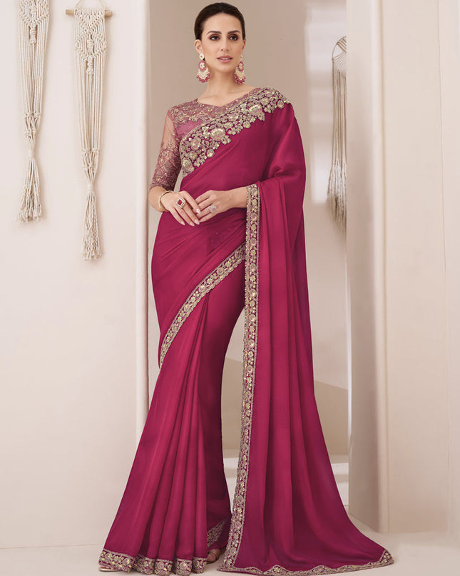 Rani Pink Embroidered Saree with Designer Blouse