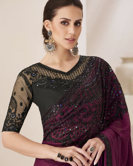 Wine Embroidered Saree with Designer Blouse