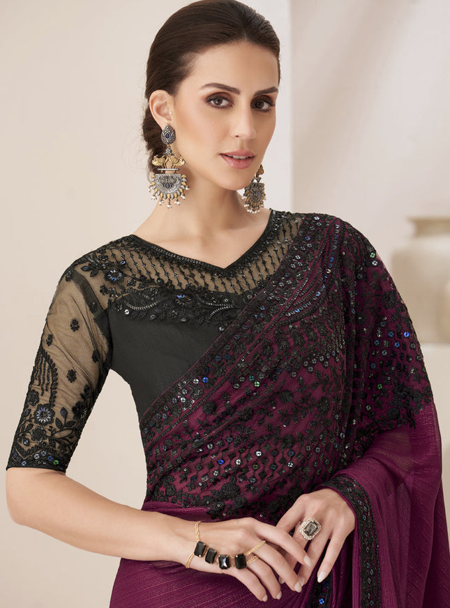Wine Embroidered Saree with Designer Blouse