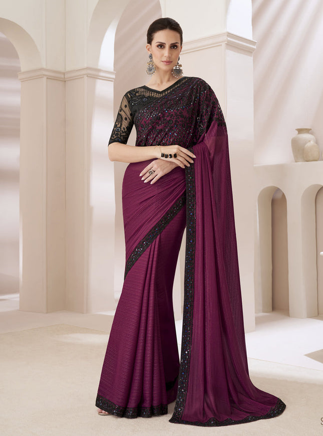 Wine Embroidered Saree with Designer Blouse