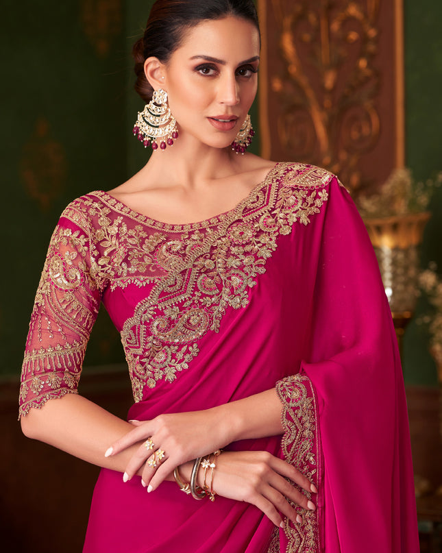 Delightful Raspberry Pink Embroidered Satin Silk Wedding Saree