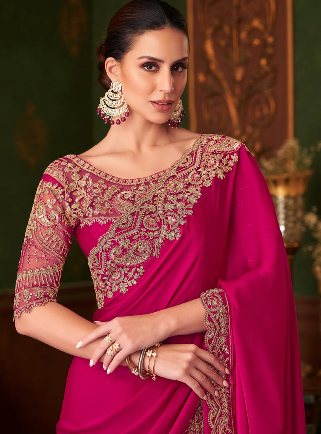 Delightful Raspberry Pink Embroidered Satin Silk Wedding Saree