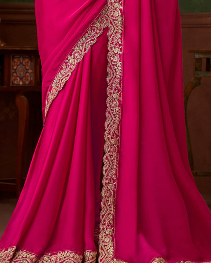 Delightful Raspberry Pink Embroidered Satin Silk Wedding Saree