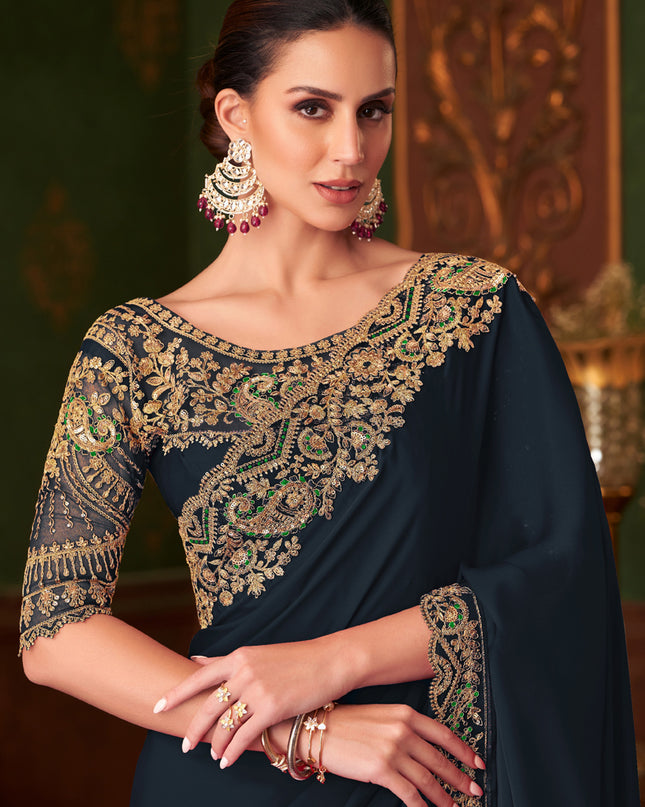 Dazzling Black Embroidered Satin Silk Wedding Saree