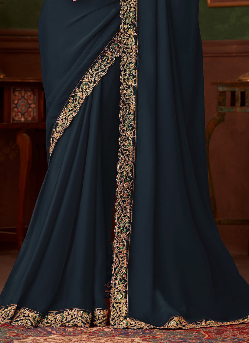 Dazzling Black Embroidered Satin Silk Wedding Saree