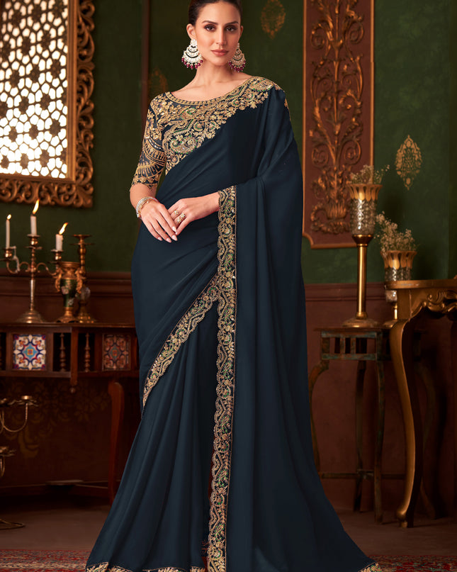 Dazzling Black Embroidered Satin Silk Wedding Saree