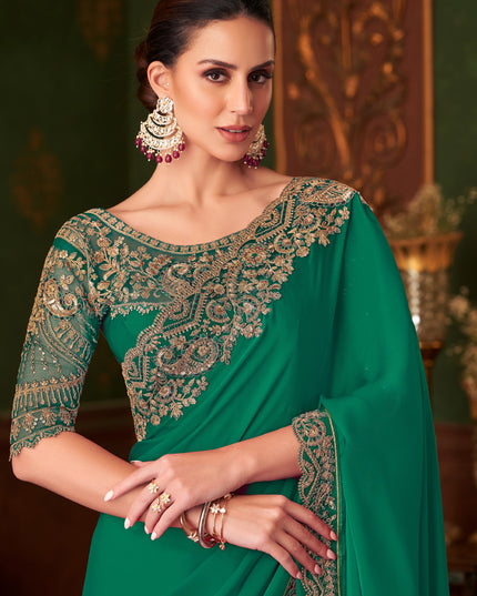 Charismatic Rama Green Embroidered Satin Silk Wedding Saree