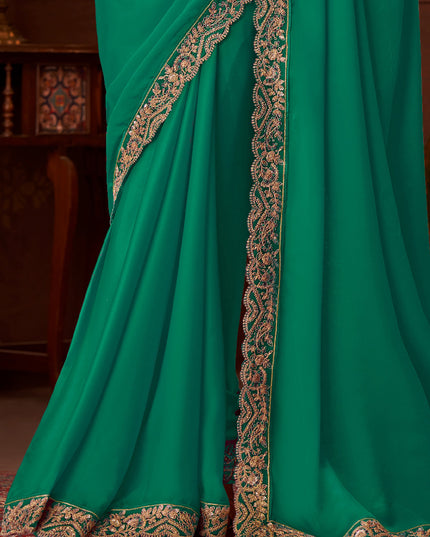 Charismatic Rama Green Embroidered Satin Silk Wedding Saree