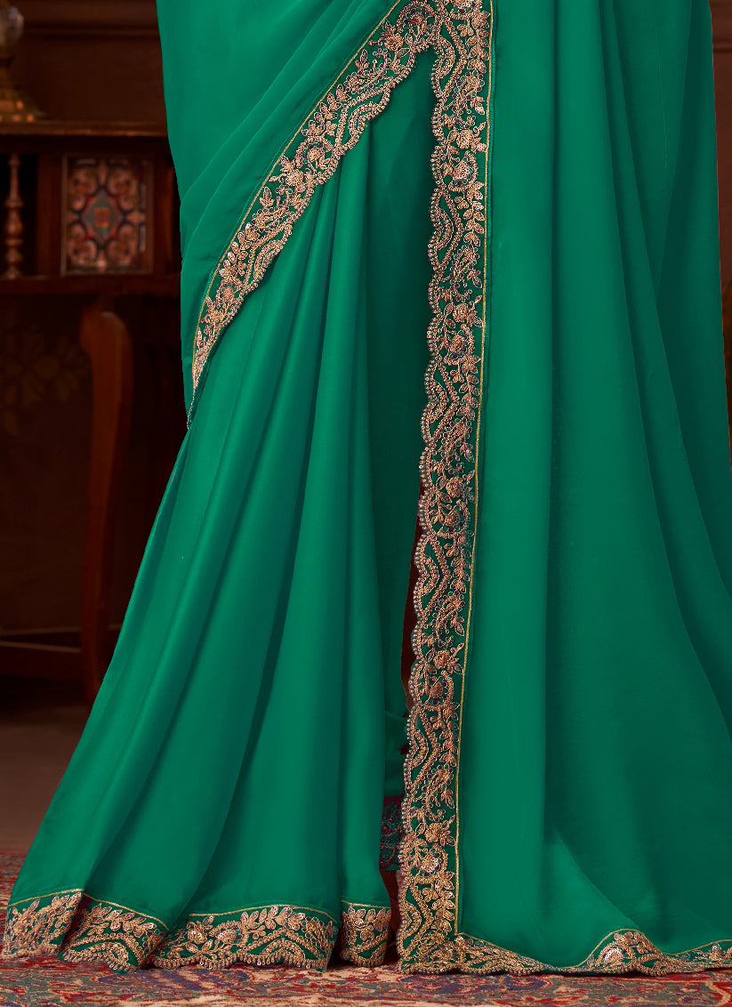 Charismatic Rama Green Embroidered Satin Silk Wedding Saree