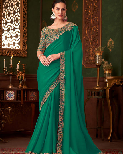 Charismatic Rama Green Embroidered Satin Silk Wedding Saree