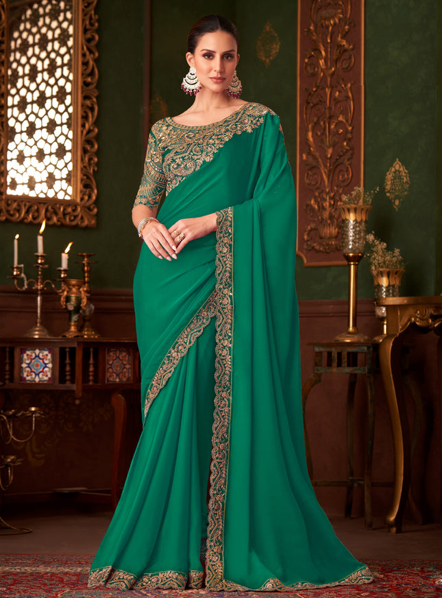 Charismatic Rama Green Embroidered Satin Silk Wedding Saree