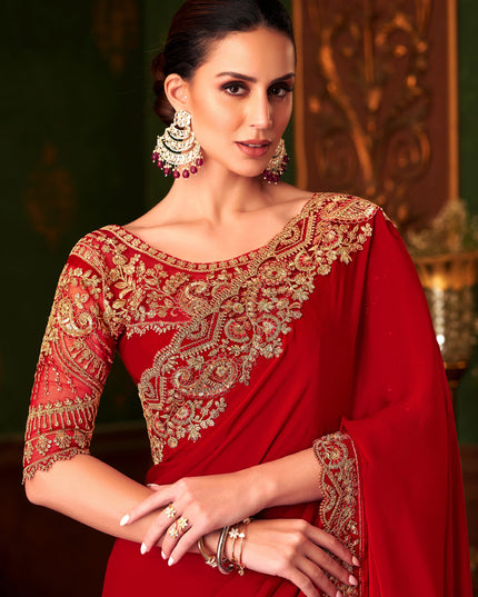 Fabulous Hot Red Embroidered Satin Silk Wedding Saree