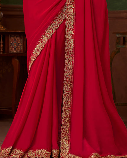 Fabulous Hot Red Embroidered Satin Silk Wedding Saree