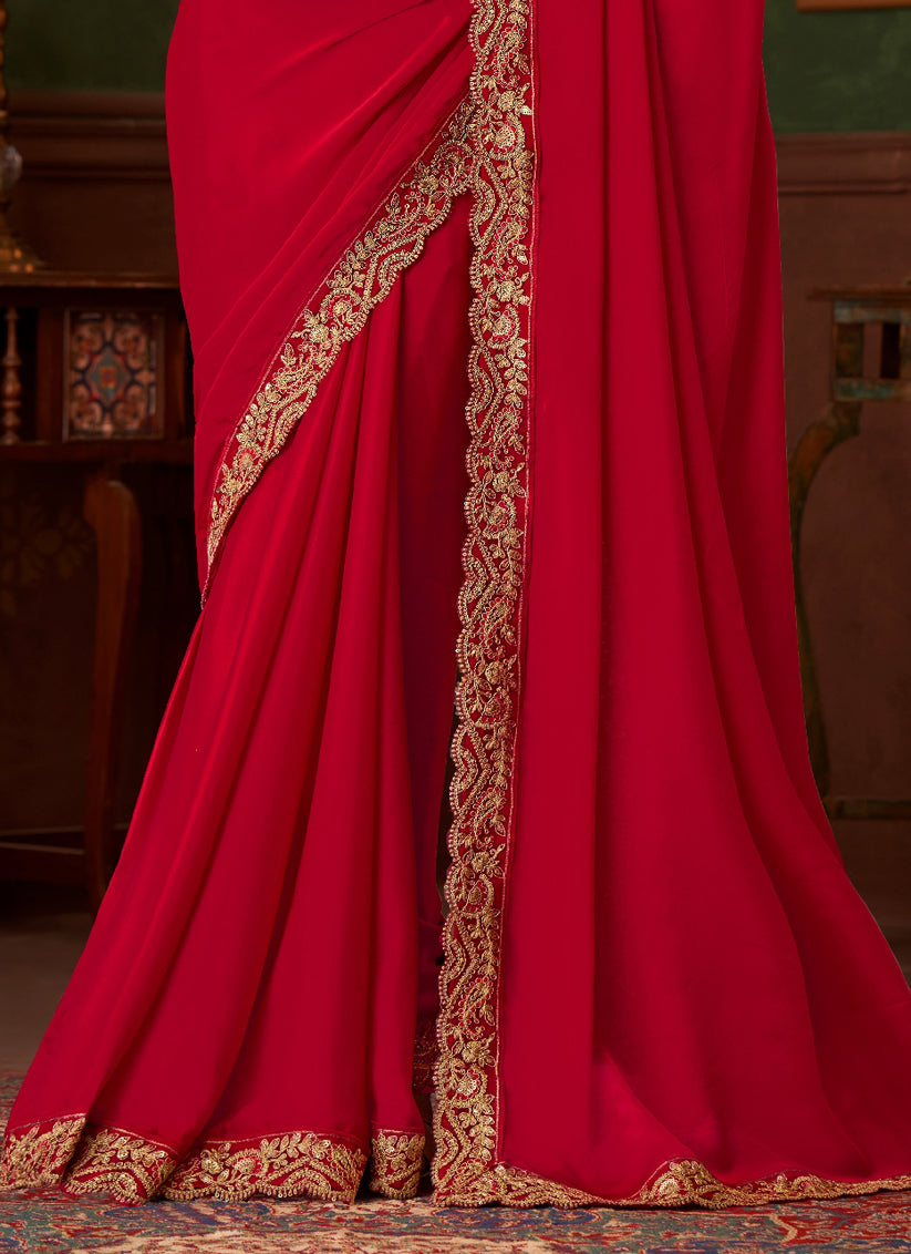 Fabulous Hot Red Embroidered Satin Silk Wedding Saree