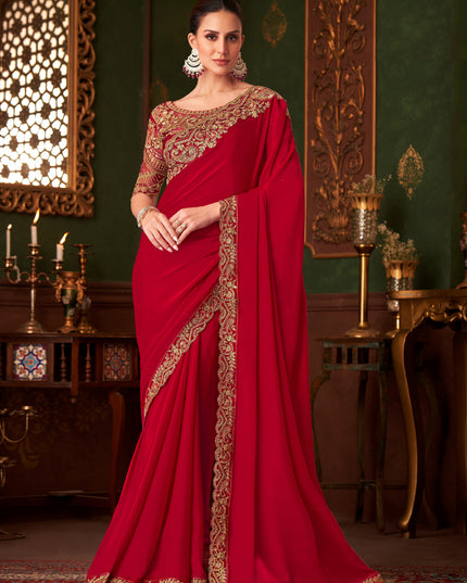 Fabulous Hot Red Embroidered Satin Silk Wedding Saree