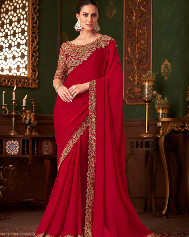 Fabulous Hot Red Embroidered Satin Silk Wedding Saree