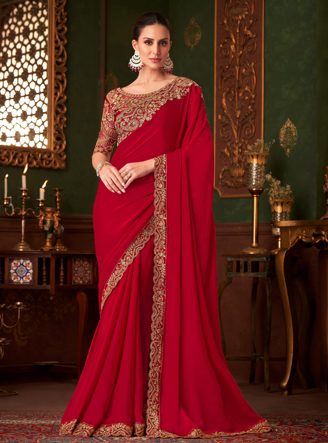 Fabulous Hot Red Embroidered Satin Silk Wedding Saree