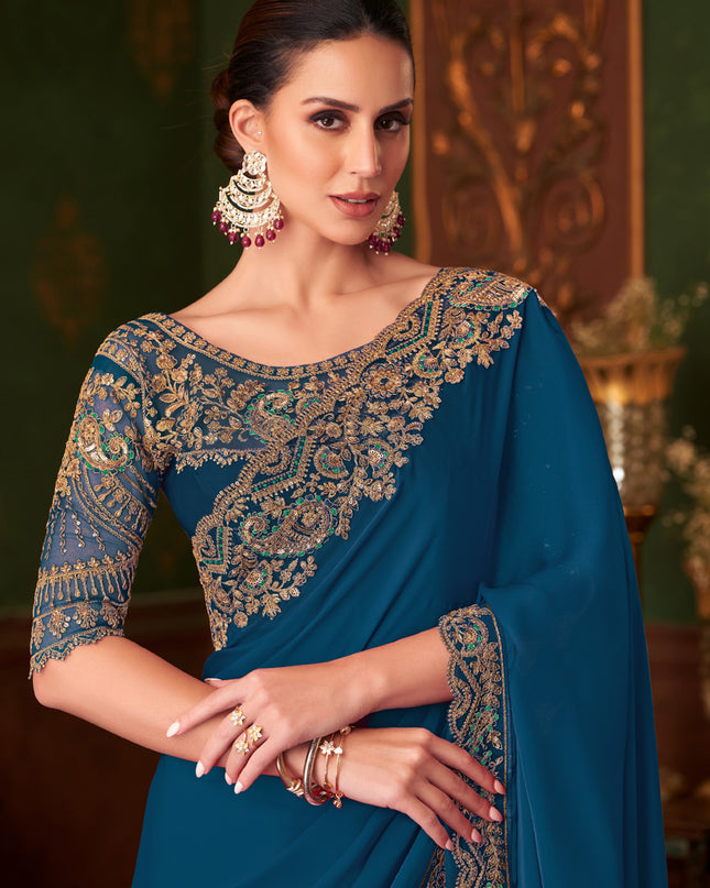 Outstanding Cobalt Blue Embroidered Satin Silk Wedding Saree