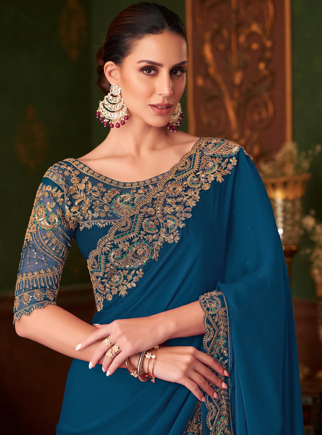 Outstanding Cobalt Blue Embroidered Satin Silk Wedding Saree