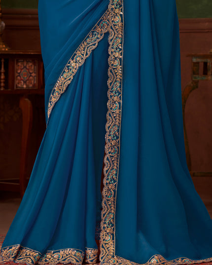 Outstanding Cobalt Blue Embroidered Satin Silk Wedding Saree